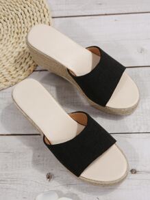 Women Minimalist Espadrille Sole Sandals, Vacation Black Canvas Wedge Slide Sandals - Black - View 5
