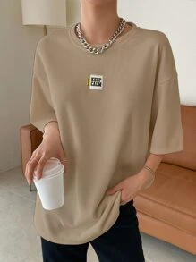 DAZY Camiseta oversize con parche con eslogan "MANTENTE CALMADO" - Caqui - Ver 1