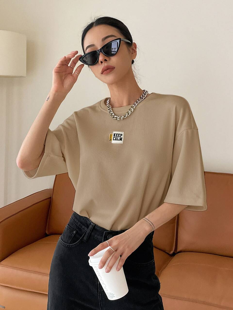 Slogan Patched Drop Shoulder Tee KEEP CALM Oversized T-Shirt