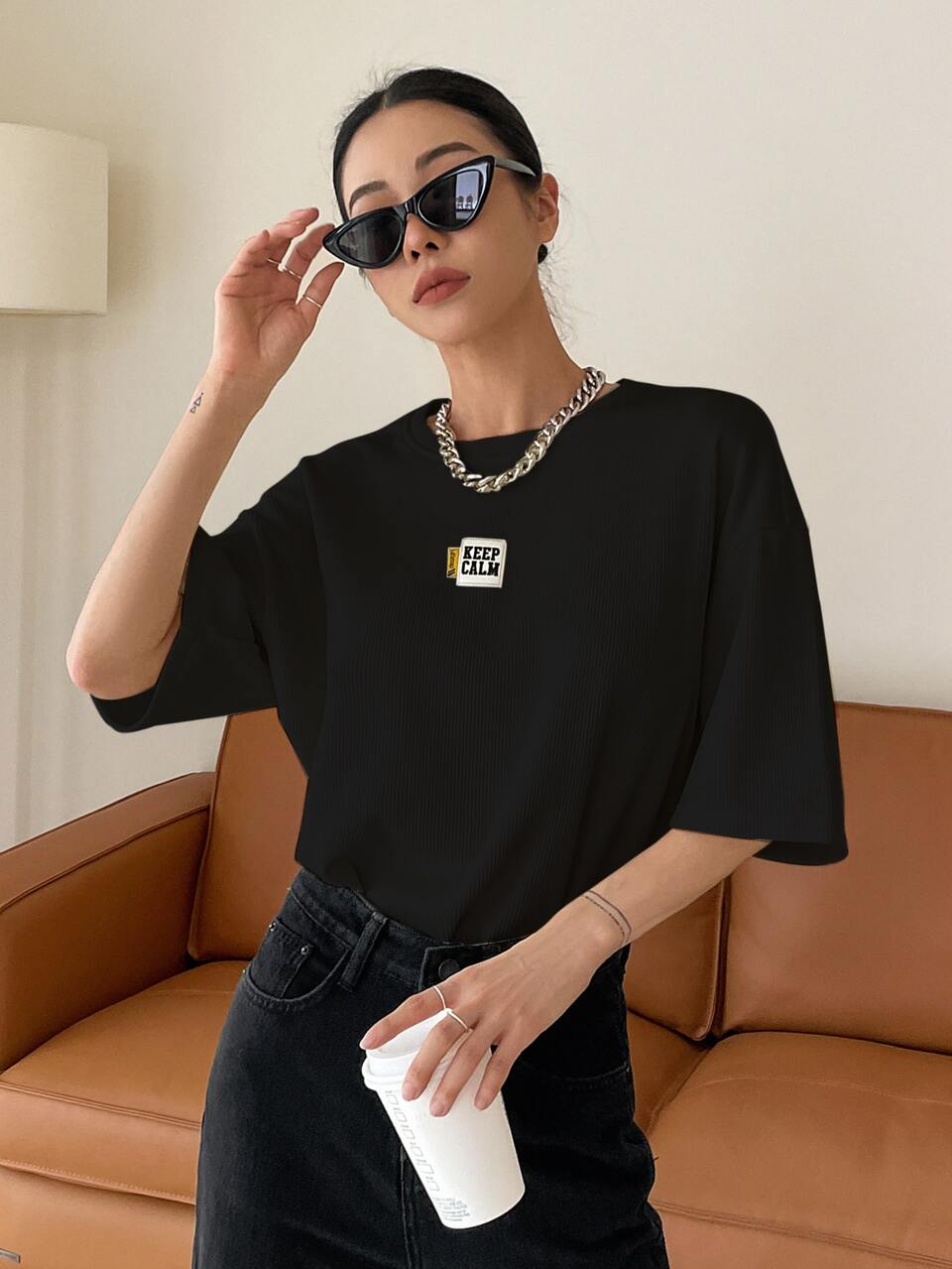 Slogan Patched Drop Shoulder Tee KEEP CALM Oversized T-Shirt