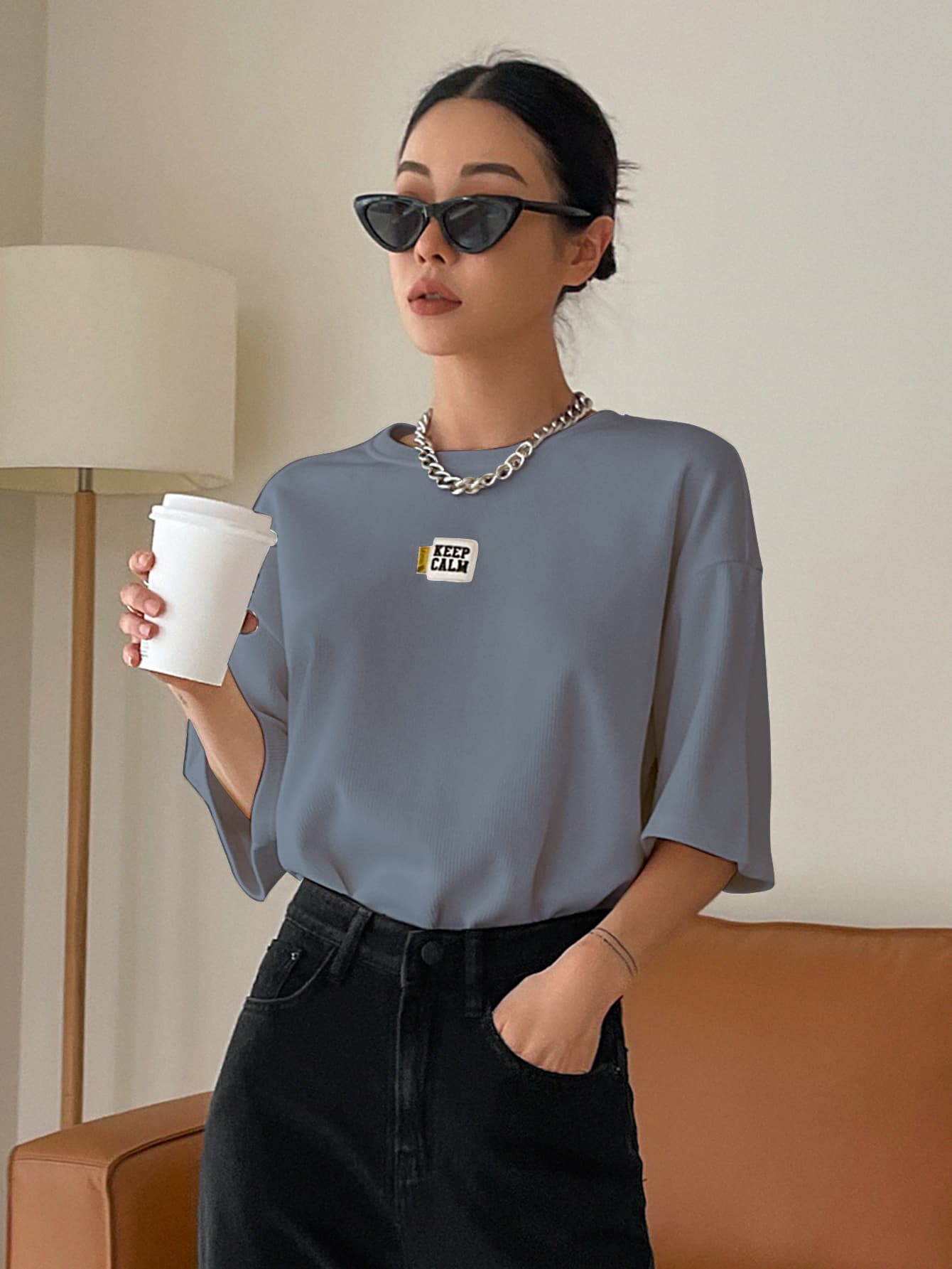 Slogan Patched Drop Shoulder Tee KEEP CALM Oversized T-Shirt