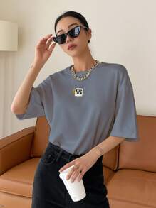 DAZY Camiseta oversize con parche con lema "KEEP CALM" y hombros caídos - Neblina azul - Ver 5