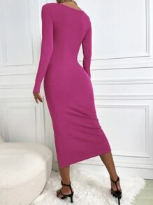 SHEIN SXY 鏤空前扭結開衩大腿緊身連衣裙 - 中紫紅色 - 查看 2
