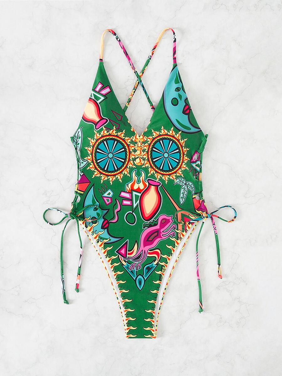 Traje de baño de una pieza con estampado total y espalda cruzada, para el verano y vacaciones en la playa - Multicolor - Ver 1