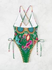 Traje de baño de una pieza con estampado total y espalda cruzada, para el verano y vacaciones en la playa - Multicolor - Ver 2