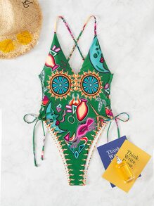 Traje de baño de una pieza con estampado total y espalda cruzada, para el verano y vacaciones en la playa - Multicolor - Ver 4