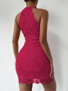 SHEIN LUNE Guipure Lace Zipper Back Halter Neck Bodycon Dress - Hot Pink - View 2
