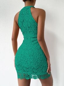 SHEIN Privé Guipure Lace Zipper Back Halter Neck Bodycon Dress - Green - View 2