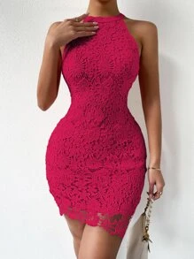 SHEIN LUNE Guipure Lace Zipper Back Halter Neck Bodycon Dress - Hot Pink - View 3