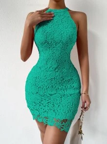 SHEIN Privé Guipure Lace Zipper Back Halter Neck Bodycon Dress - Green - View 4
