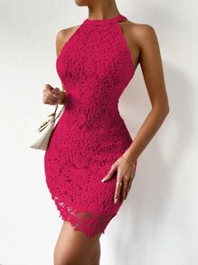 SHEIN LUNE Guipure Lace Zipper Back Halter Neck Bodycon Dress - Hot Pink - View 5