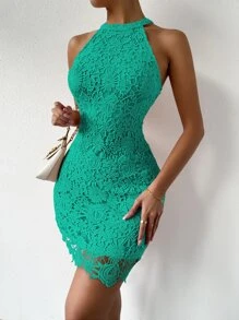 SHEIN Privé Guipure Lace Zipper Back Halter Neck Bodycon Dress - Green - View 5