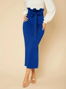 SHEIN Tall Paperbag Waist Self Belted Skirt - Royal Blue - View 3