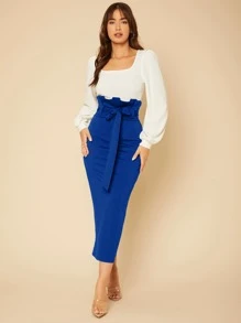 SHEIN Tall Paperbag Waist Self Belted Skirt - Royal Blue - View 5