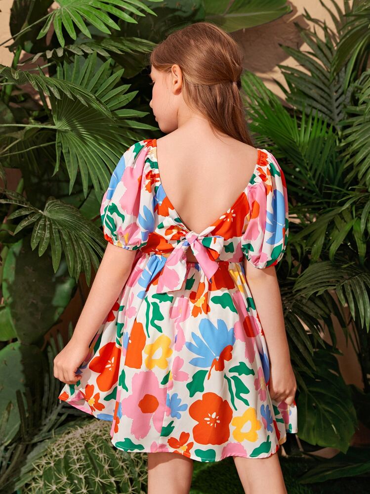 Leap Crew Vestido De Niña Con Estampado Floral Y Cuello Cuadrado Con Mangas Abullonadas Y Lazo En La Espalda - Multicolor - Ver 1