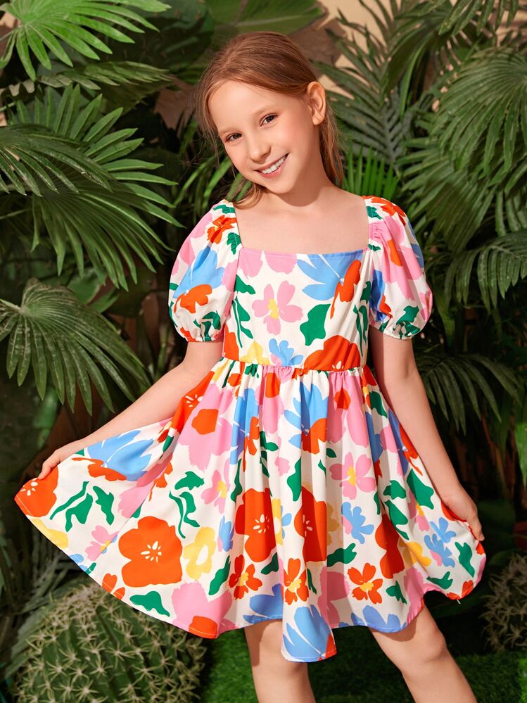 Leap Crew Vestido De Niña Con Estampado Floral Y Cuello Cuadrado Con Mangas Abullonadas Y Lazo En La Espalda - Multicolor - Ver 2