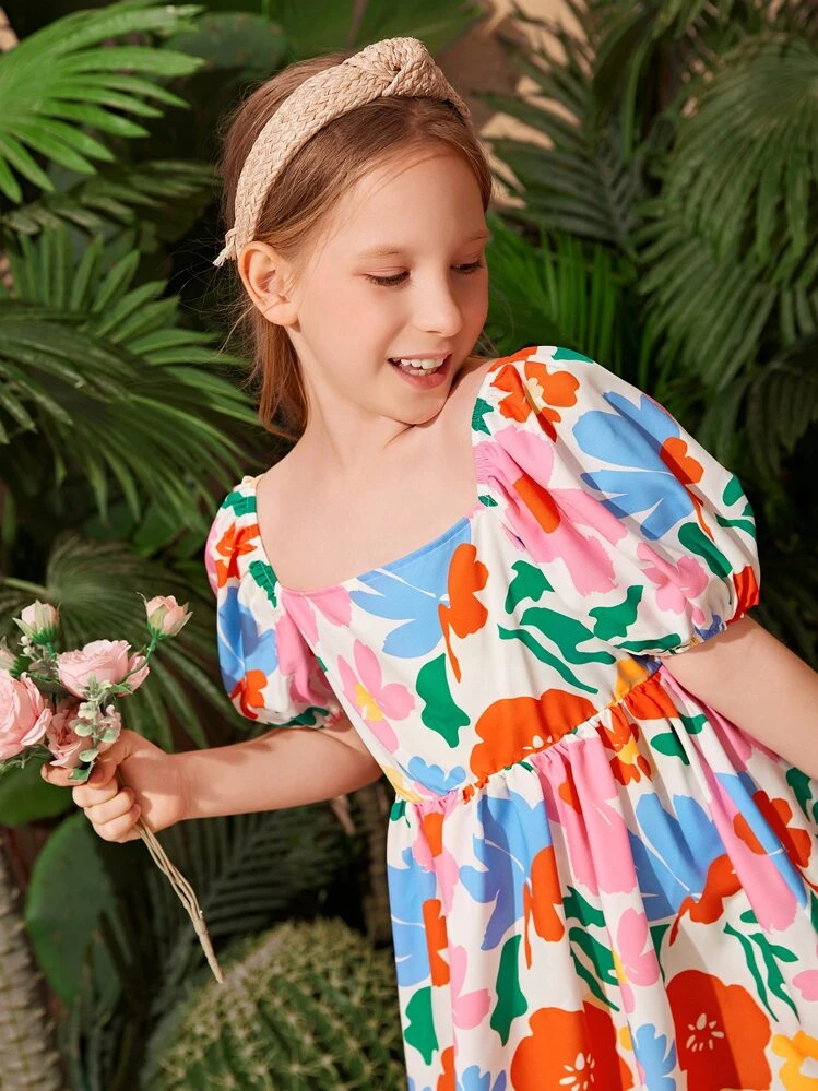 Leap Crew Vestido De Niña Con Estampado Floral Y Cuello Cuadrado Con Mangas Abullonadas Y Lazo En La Espalda - Multicolor - Ver 4