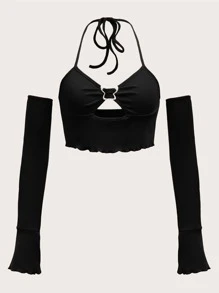 SHEIN ICON Áo nữ Lộ Lưng Cắt ra Xù nhỏ Xù Buộc lại Gân đan Nếp gấp Phần Ngực màu trơn Gợi cảm - màu đen - Xem 1