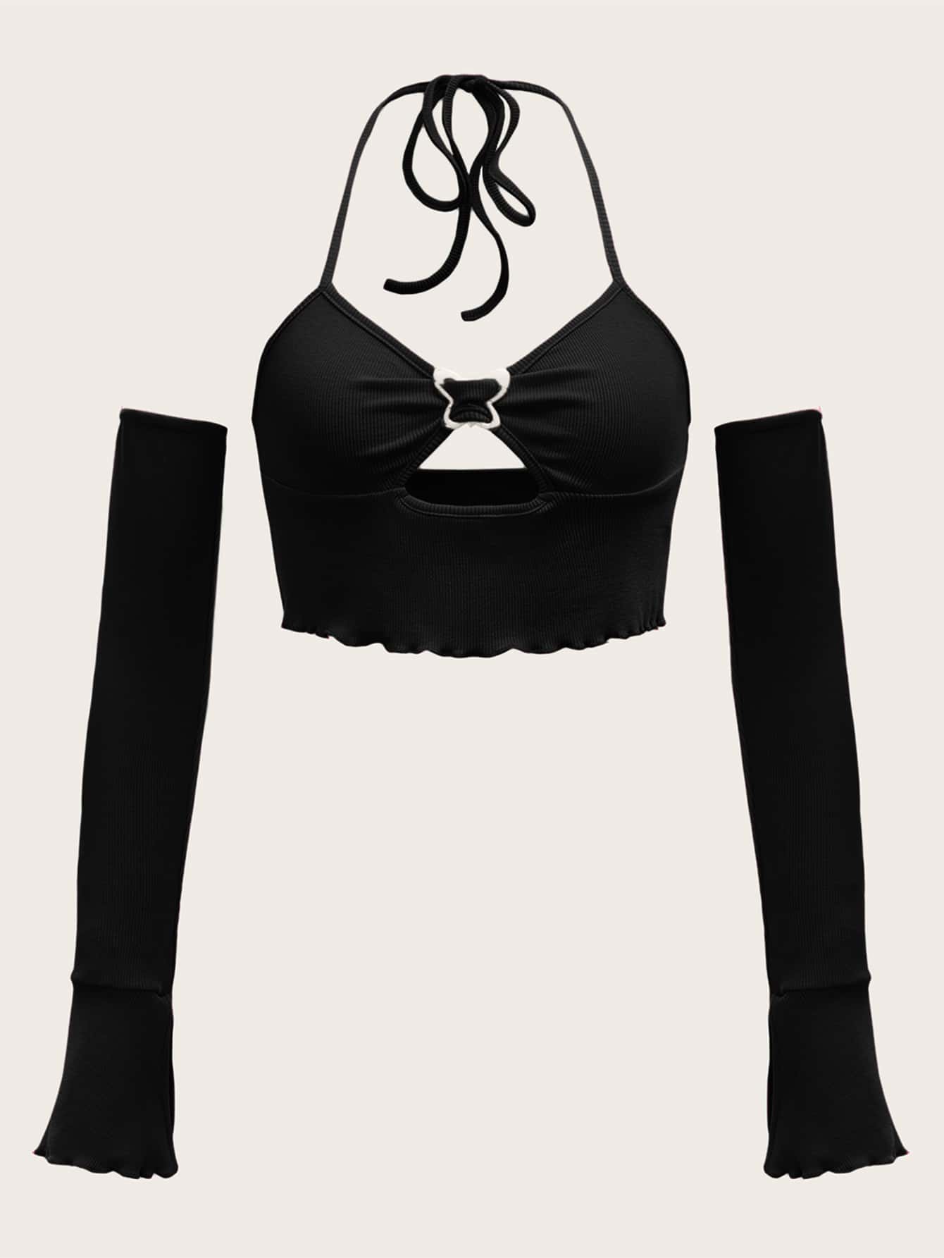 SHEIN ICON Áo nữ Lộ Lưng Cắt ra Xù nhỏ Xù Buộc lại Gân đan Nếp gấp Phần Ngực màu trơn Gợi cảm - màu đen - Xem 1