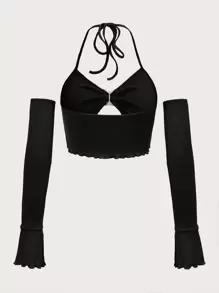 SHEIN ICON Áo nữ Lộ Lưng Cắt ra Xù nhỏ Xù Buộc lại Gân đan Nếp gấp Phần Ngực màu trơn Gợi cảm - màu đen - Xem 2