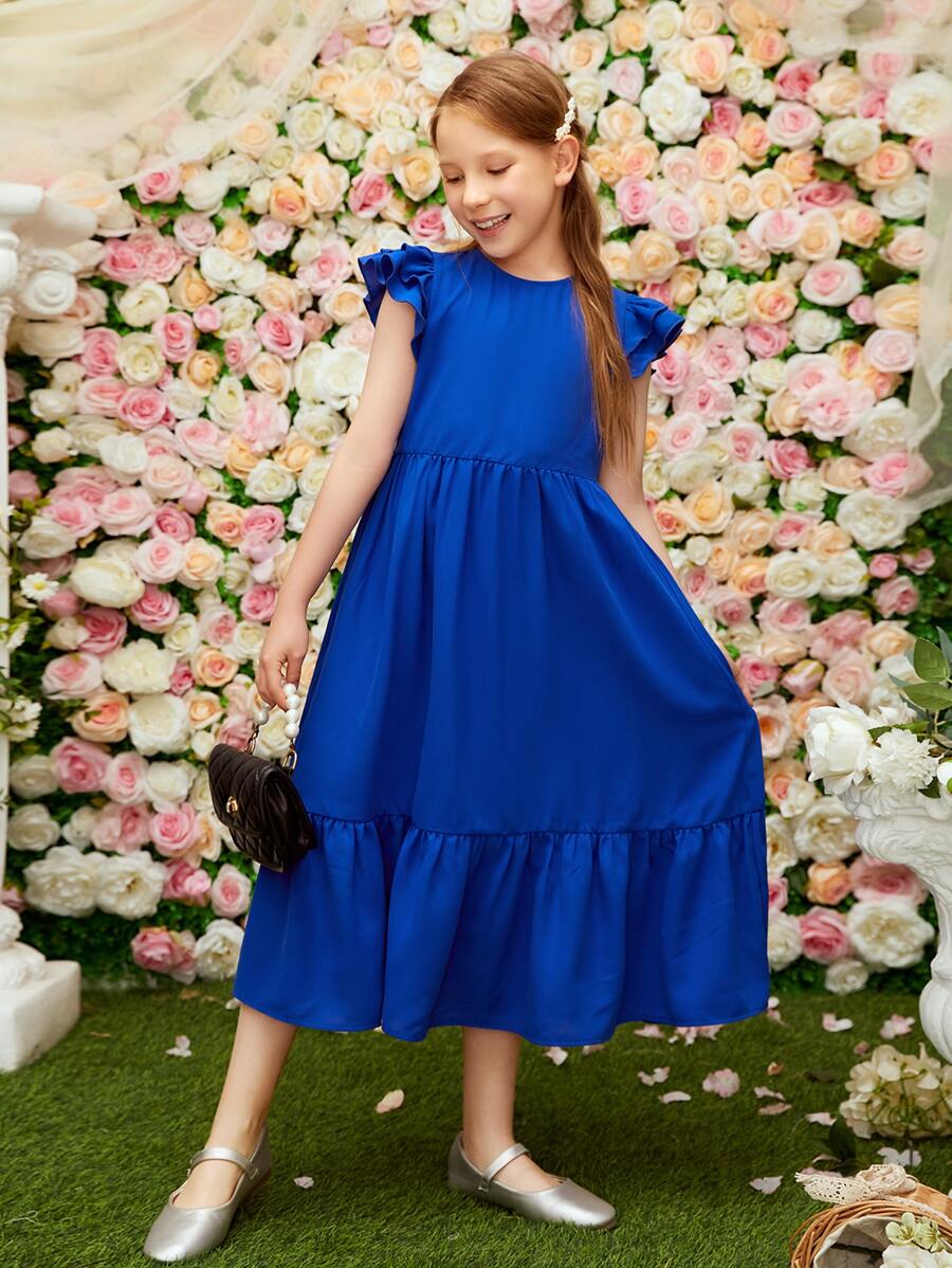 SHEIN Tween Girl Casual Long Solid Fitted Round Neck Frill Sleeve Ruffle Trim Woven Dress - Royal Blue - View 1