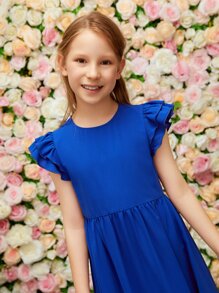 SHEIN Tween Girl Casual Long Solid Fitted Round Neck Frill Sleeve Ruffle Trim Woven Dress - Royal Blue - View 4