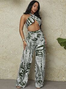 SHEIN SXY Allover Print Backless Crop Halter Top & Wide Leg Trousers - Multicolor - View 1