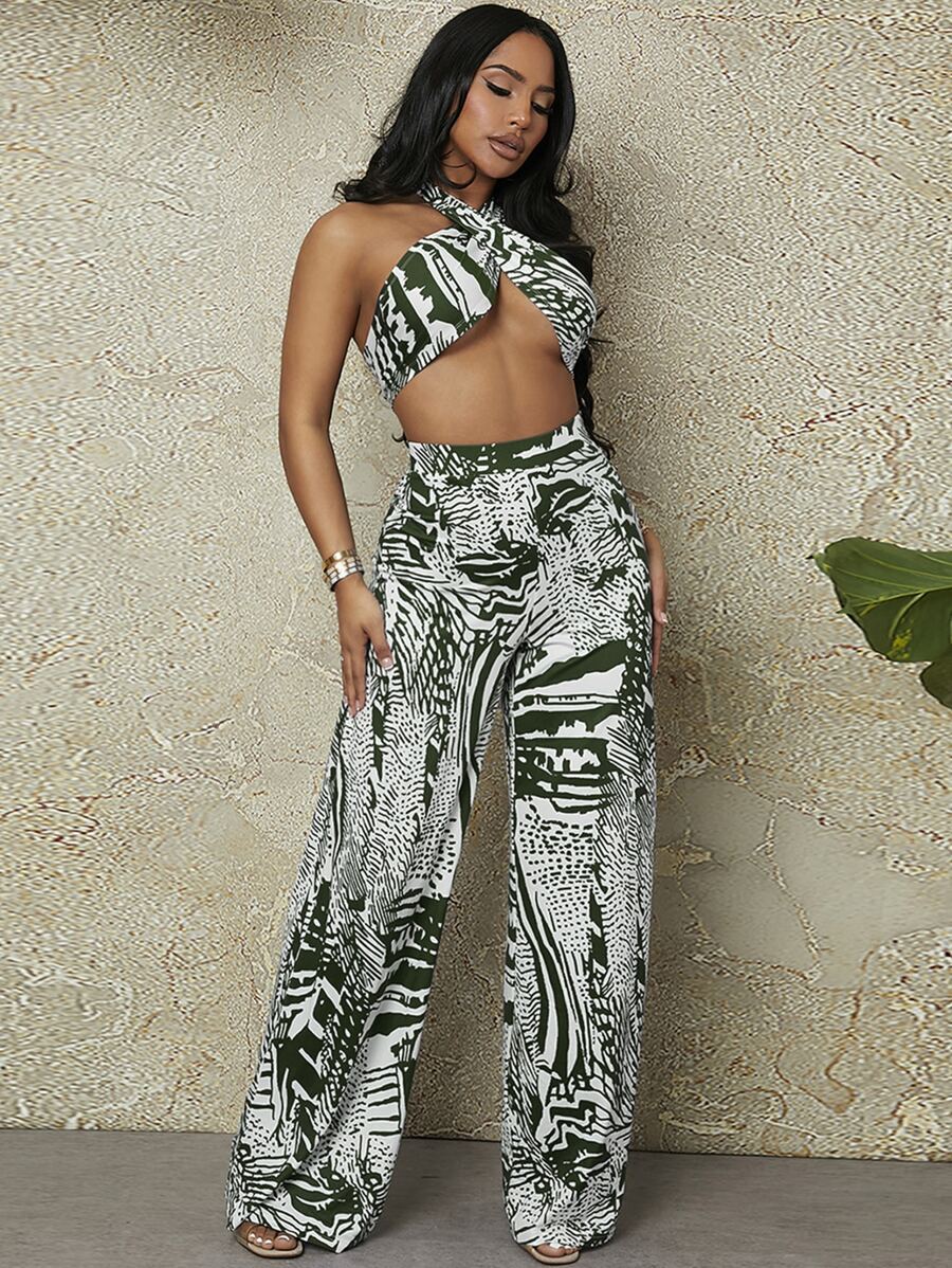 SHEIN SXY Allover Print Backless Crop Halter Top & Wide Leg Trousers - Multicolor - View 1