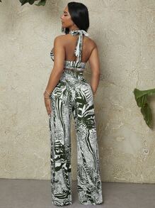 SHEIN SXY Allover Print Backless Crop Halter Top & Wide Leg Trousers - Multicolor - View 2
