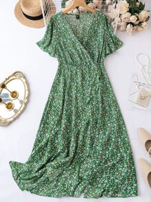 SHEIN LUNE Plus Ditsy Floral Surplice Front A-line Dress - Green - View 1