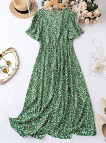 SHEIN LUNE Plus Ditsy Floral Surplice Front A-line Dress - Green - View 2