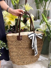 Skinny Scarf Decor Straw Bag - Khaki - View 1