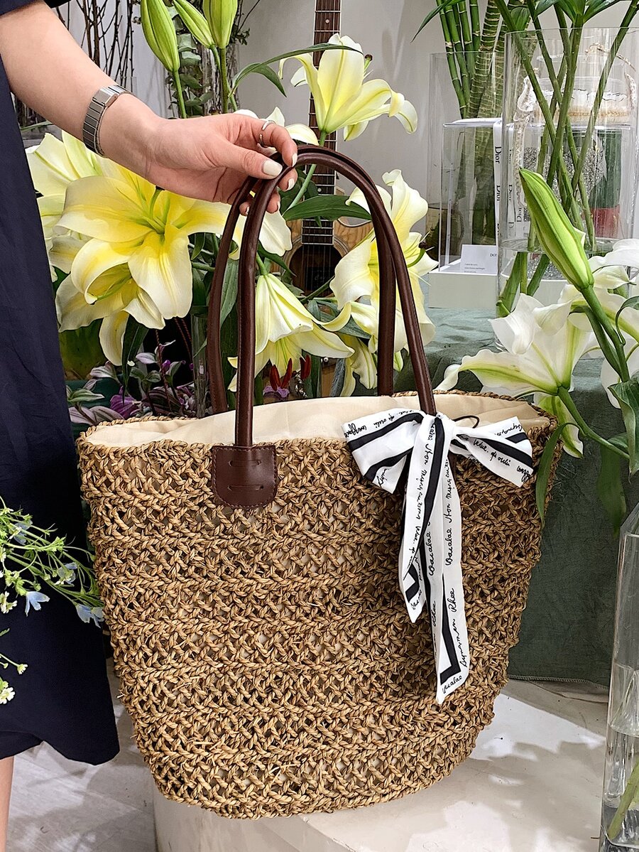 Skinny Scarf Decor Straw Bag - Khaki - View 1