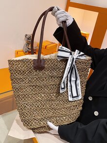 Skinny Scarf Decor Straw Bag - Khaki - View 5