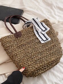 Skinny Scarf Decor Straw Bag - Khaki - View 6
