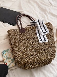 Skinny Scarf Decor Straw Bag - Khaki - View 7