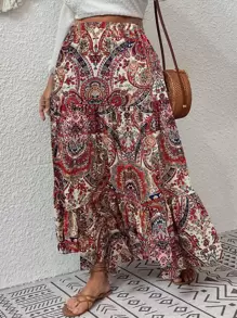 Breezaya Vestimenta de mujer maxifalda con volantes en el bajo con estampado de flores y paisley - Multicolor - Ver 1