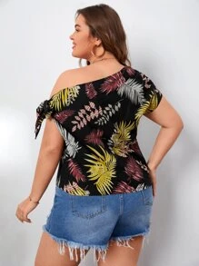 SHEIN LUNE 大碼熱帶圖案結飾不對稱領襯衫 - 黑色 - 查看 2