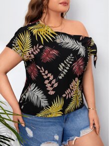 SHEIN LUNE 大碼熱帶圖案結飾不對稱領襯衫 - 黑色 - 查看 4