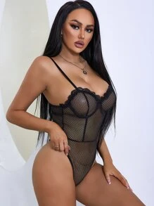 Cut Out Backless Bustier Lace Cami Bodysuit - Black - View 4