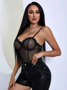 Cut Out Backless Bustier Lace Cami Bodysuit - Black - View 5