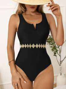 SHEIN Swim Summer Beach Geo Graphic V Wired One Piece Swimsuit - Black - View 1