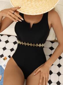 SHEIN Swim Summer Beach Geo Graphic V Wired One Piece Swimsuit - Black - View 5