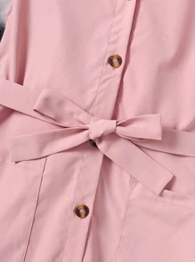 SHEIN Đầm Gái Thắt lưng Túi Xù Nút phía trước màu trơn Ăn mặc đẹp - Bụi hồng - Xem 3