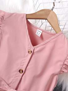 SHEIN Đầm Gái Thắt lưng Túi Xù Nút phía trước màu trơn Ăn mặc đẹp - Bụi hồng - Xem 5