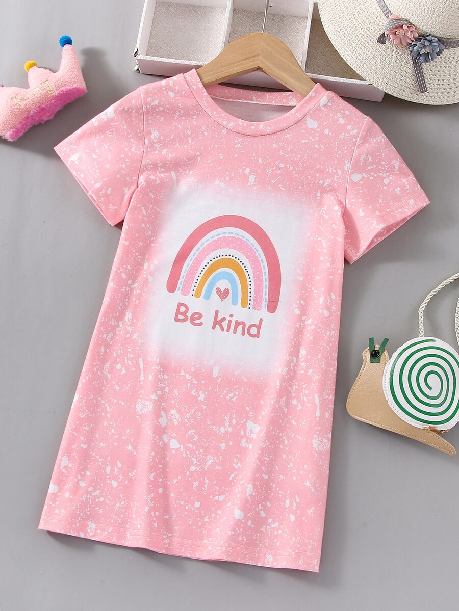 SHEIN 小女童彩虹和標語圖案T恤洋裝 - 粉色 - 查看 1