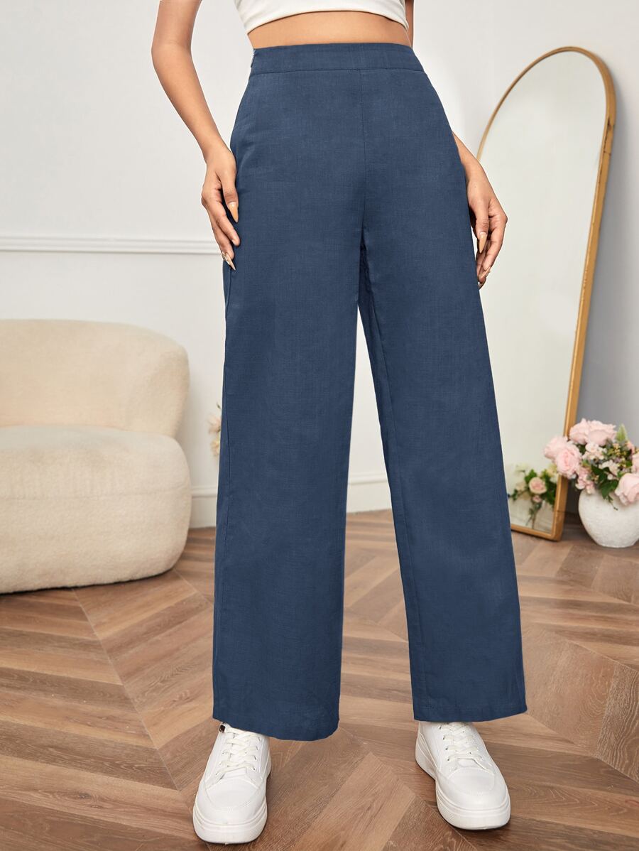 SHEIN PETITE Quần nữ Dây kéo màu trơn Giải trí - Màu xanh hải quân - Xem 1