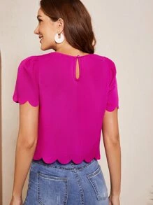 SHEIN Clasi Puff Sleeve Scallop Trim Keyhole Back Blouse,Short Sleeve Tops - Red Violet - View 3