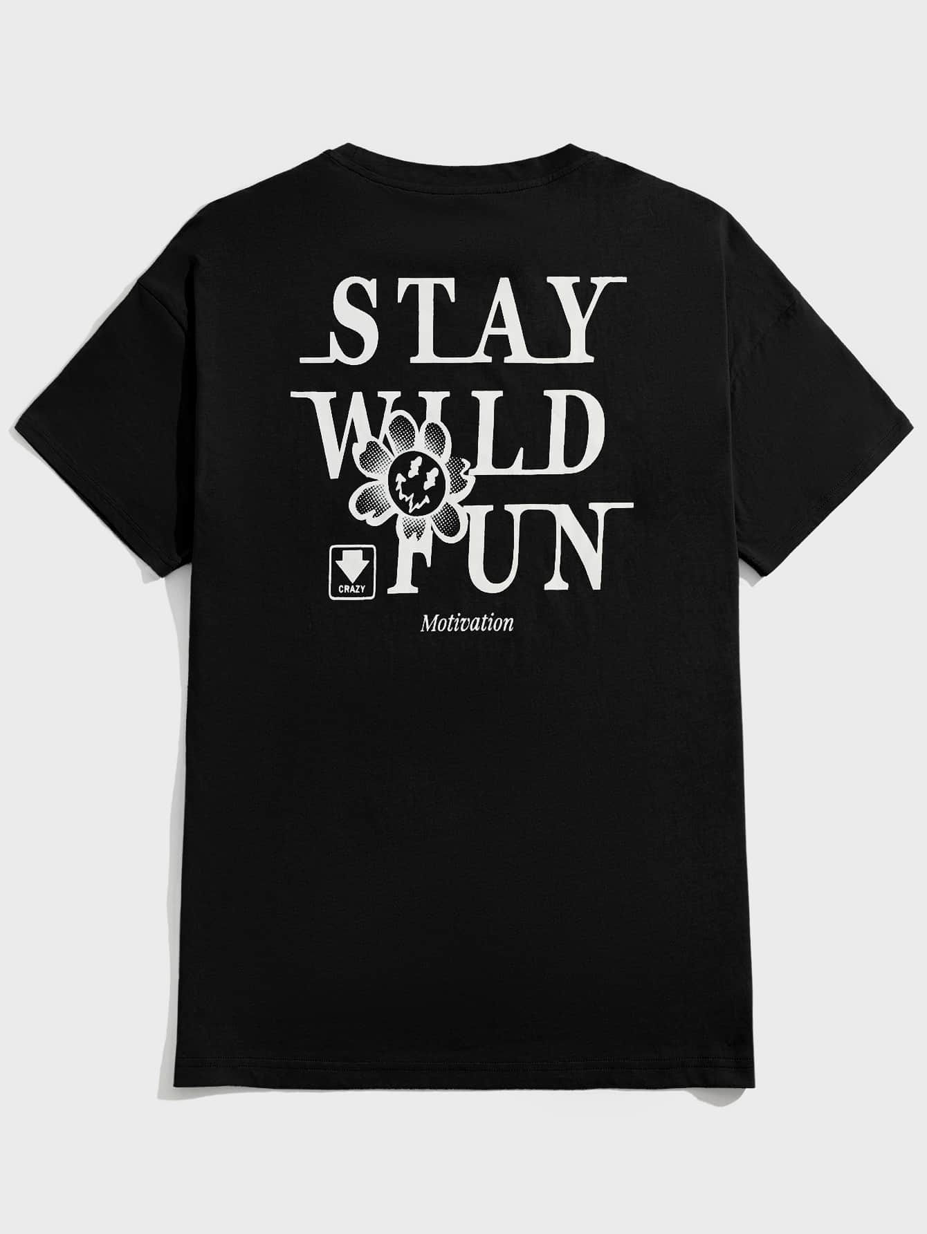 Manfinity VCAY Men Cartoon and Slogan Graphic Drop Shoulder Tee - Black - View 1