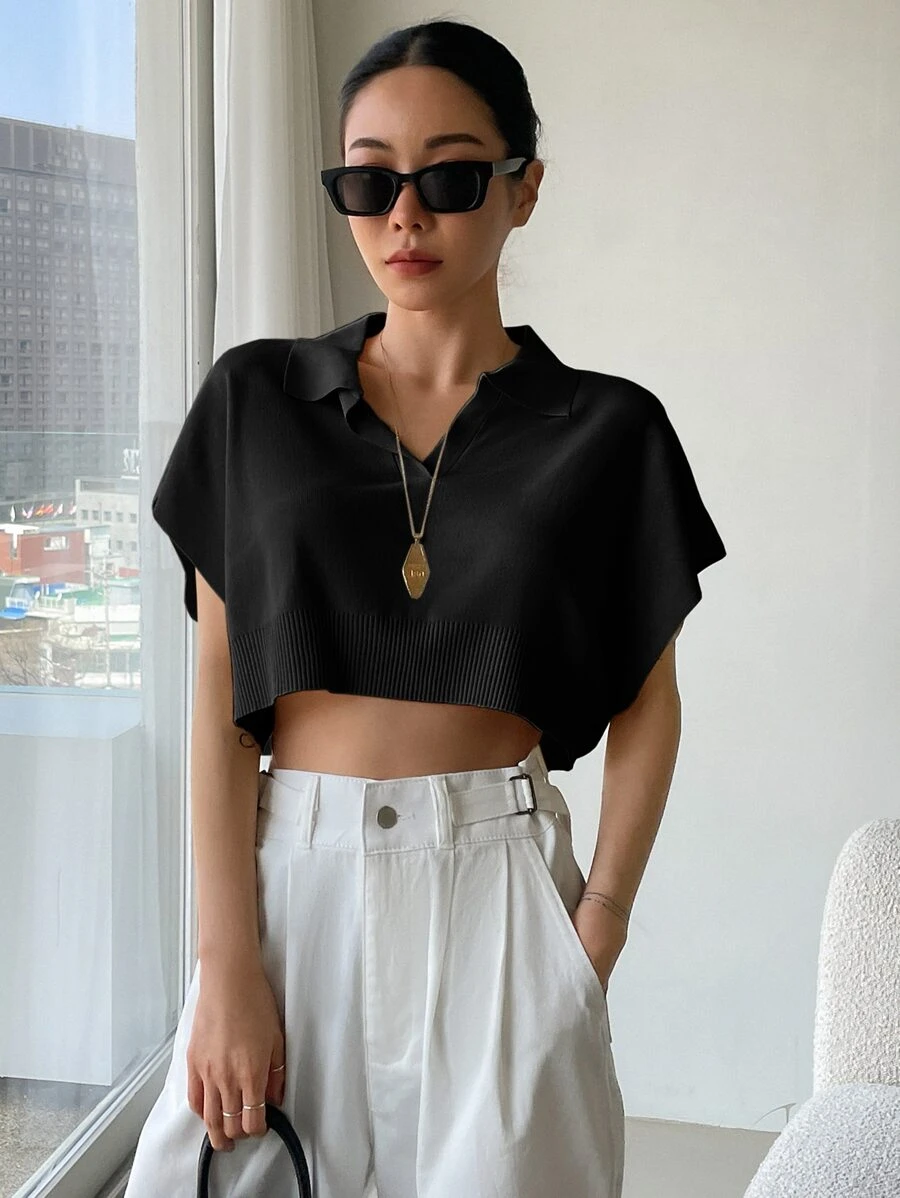 DAZY Batwing Sleeve Crop Knit Top - Black - View 1